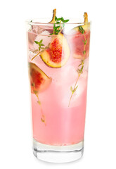 Glass of tasty fig lemonade on white background