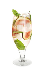 Glass of tasty fig lemonade on white background