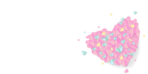 Paper elements in shape of heart flying on pink background. Vector symbols of love for Happy Women's, Mother's, Valentine's Day, birthday greeting card design. 