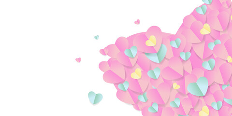 Obraz na płótnie Canvas Paper elements in shape of heart flying on pink background. Vector symbols of love for Happy Women's, Mother's, Valentine's Day, birthday greeting card design. 