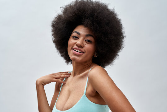 Curvy Young Woman with Afro Hair Style Wearing Blue Underwear