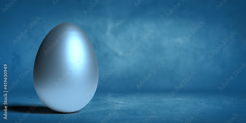 Wall mural Easter 3D render concept: A single decorative glossy and silver metallic egg on blue background with smooth shadow and large copy space. Illustrated graphic object. Bright shiny surface