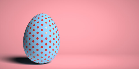 Easter 3D render concept: A single decorative glossy blue egg with beautiful red dot design on pink background with smooth shadow and large copy space. Illustrated graphic object. Shiny surface