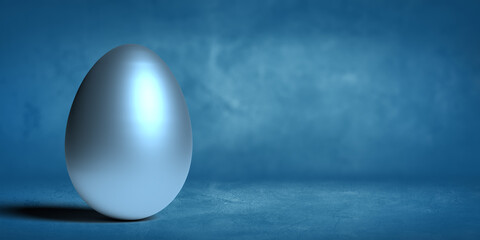 Easter 3D render concept: A single decorative glossy and silver metallic egg on blue background with smooth shadow and large copy space. Illustrated graphic object. Bright shiny surface