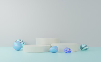 3d rendering abstract Empty podium on light blue background with pedestal and circular pattern egg  for product minimal presentation. cosmetics stand, easter day, banner, sale, copy space
