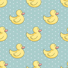 Seamless vector pattern with cute hand drawn rubber duckling. Fun bath toy background for kids room decor, nursery art, wrapping paper, print, banner, advertising, fabric, gift, textile, wallpaper.