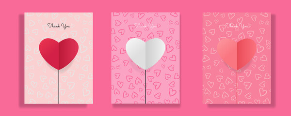 Valentine's day concept posters set. Vector illustration. 3d red and pink paper hearts with frame on geometric background. Cute love sale banners or greeting cards 