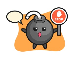 Bomb character illustration holding a stop sign