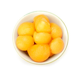 Bowl with sweet melon balls on white background