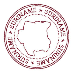 Suriname round rubber stamp with country map. Vintage red passport stamp with circular text and stars, vector illustration.