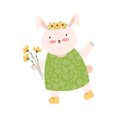 Cute bunny girl with a bouquet of yellow flowers isolated on a white background. Rabbit with a flower wreath on his head. Cartoon character hare. Happy Easter. Spring festival. Vector illustration.