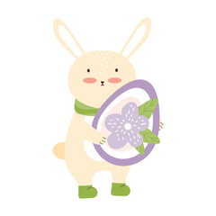 Happy Easter. Cute bunny with easter egg isolated on white background. Funny holiday rabbit. Baby hare cartoon character. Spring festival. Hand drawn vector illustration in pastel colors