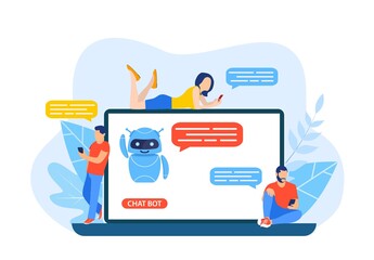 Talking to a chatbot online on laptop computer. Communication with a chat bot. Customer service and support. Artificial intelligence concept.