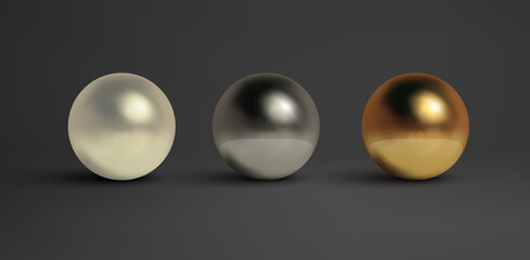 Abstract metal balls set. Pearl, black metal,brass,silver. Vector golden sphere isolated object on black. Chrome sphere silver metal ball.