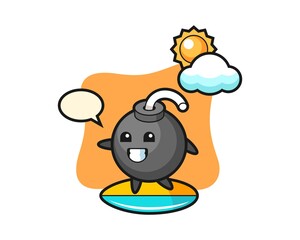 Illustration of bomb cartoon do surfing on the beach