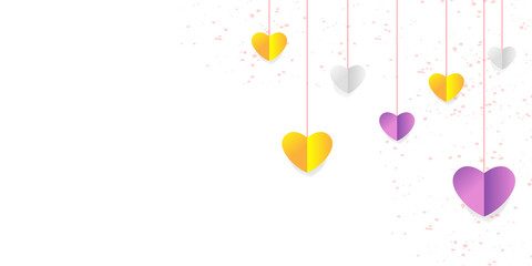 Valentines day card with couple sitting on big letters LOVE and sending red hearts with their smartphones on purple sky background. Vector paper art illustration. Paper cut and craft style. 