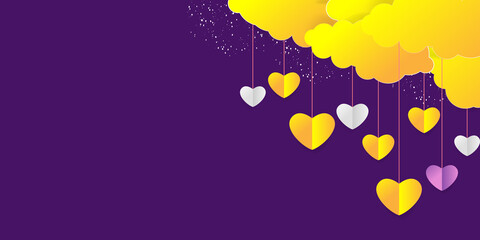 3D Realistic Paper Cut Art Style Purple Yellow Heart Balloons Flying with Cloud