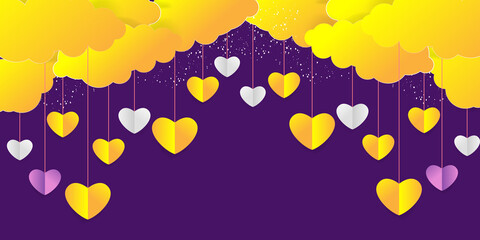 3D Realistic Paper Cut Art Style Purple Yellow Heart Balloons Flying with Cloud