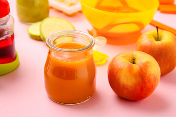 Composition with healthy baby food on color background, closeup