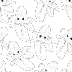 Cute cartoon banana with simple face seamless pattern sketch template. Graphic vector illustration in black and white for games, background, pattern, decor. Coloring paper, page, story book, print