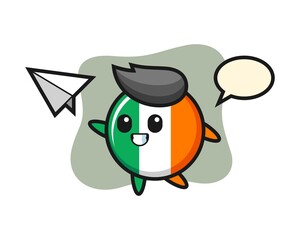 Ireland flag badge cartoon character throwing paper airplane