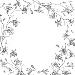 Round frame of Bell flowers. Round frame with forest flowers. Vintage botanical illustration. The illustration is made in black pencil. 