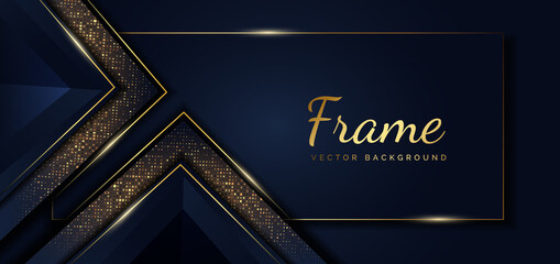 Abstract template dark blue geometric oblique with golden line layer decoration glitter dot on dark background. Luxury style. Frame background.