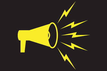 Symbol of megaphone. Yellow icon of loudspeaker. Concept of news, announce, propaganda, promotion, broadcast, media, message. Vector illustration isolated on black background.