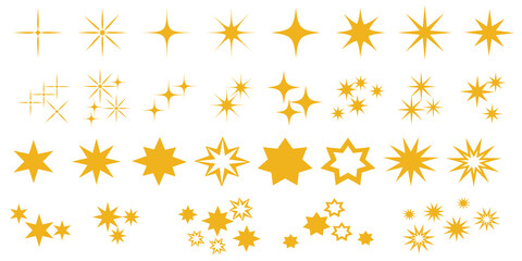 Set of star icons. Twinkle star illustration. Yellow stars. きらきら星イラスト、星アイコンセット
