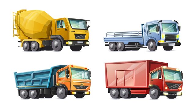 Vector cartoon style collection of colorful kids trucks. Isolated on white background.