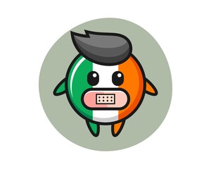 Cartoon illustration of ireland flag badge with tape on mouth