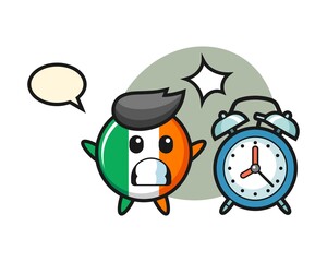 Cartoon illustration of ireland flag badge is surprised with a giant alarm clock