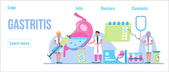 Gastritis, colic, stomach ulcer concept vector. Tiny doctors research stomach. Gastroenterology illustration for medical blog website