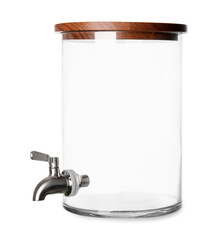 Empty glass drink dispenser on white background