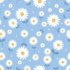 Seamless pattern with daisy flower on blue background vector illustration.