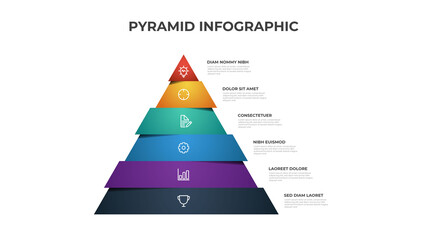 Colorful pyramid infographic template vector with 6 steps, list, levels diagram. Triangle segmented layout for presentation. - obrazy, fototapety, plakaty