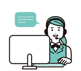 パソコンに向かうコールセンター、オペレーターの女性　話す