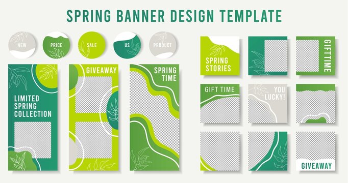 Abstract Design spring green backgrounds for media banner.Story and post frame templates.Vector cover flyer.Mockup for personal blog or product shop.Layout for promotion.Endless square photos puzzle