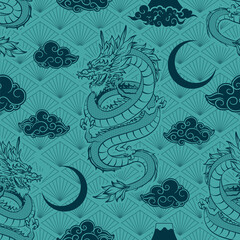 Seamless Art Japanese Repeat Pattern Bright and Dark Green Dragon Flying  with Crescent Moon, Mountain with Cloud on Japan Diamond Pattern Pale Green Background for Wrapping Paper