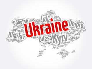 List of cities and towns in Ukraine, map word cloud collage, business and travel concept background