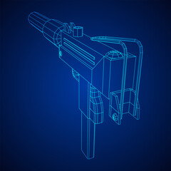 Submachine gun modern firearms pistol with silencer. Wireframe low poly mesh vector illustration.