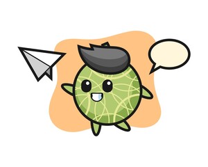 Melon cartoon character throwing paper airplane