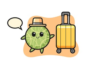 Melon cartoon illustration with luggage on vacation