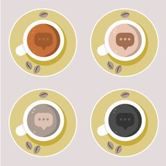 Vector illustration set of a cup of coffee with a green plate surrounded by coffee beans with top view, comment sign, perfect for coffee product advertisements
