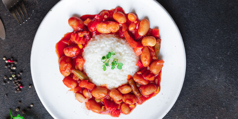 rice tomato beans vegetable no meat portion meal snack top view copy space food background rustic image keto or paleo diet vegan or vegetarian
