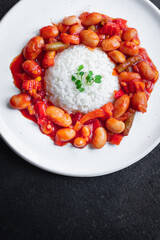 rice tomato beans vegetable no meat portion meal snack top view copy space food background rustic image keto or paleo diet vegan or vegetarian