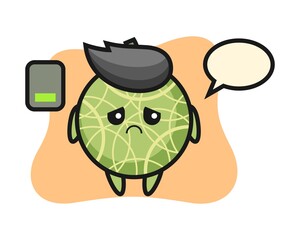 Melon mascot character doing a tired gesture