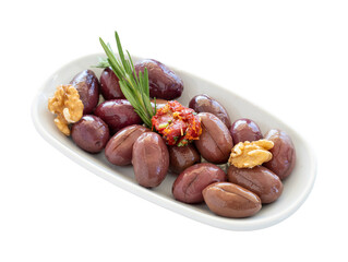 Purple olives isolated on white background. Local name kalamata zeytin