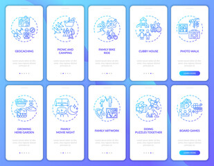 Family fun onboarding mobile app page screen with concepts set. Outdoor game activities. Family togetherness walkthrough 10 steps graphic instructions. UI vector template with RGB color illustrations