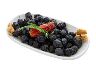 Dry black olives isolated on white background. Local name kuru sele zeytin